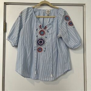 St. John's Bay Light Blue Striped Blouse floral Embroidery puff sleeve boho